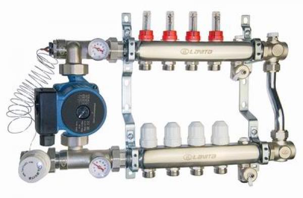 Коллектор для водяного теплого пола может быть с тремя ходовыми смесительными клапанами или с двумя ходовыми питающими клапанами. 